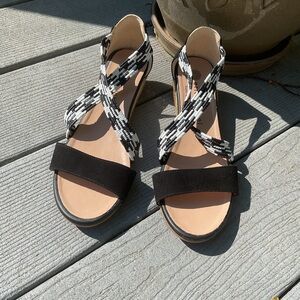Eric Michael Black and White Wedge Sandals with Gingham Straps
